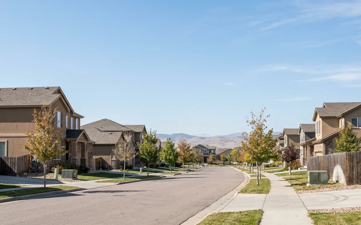 Broomfield street of newer two-story homes beneath a clear Colorado sky