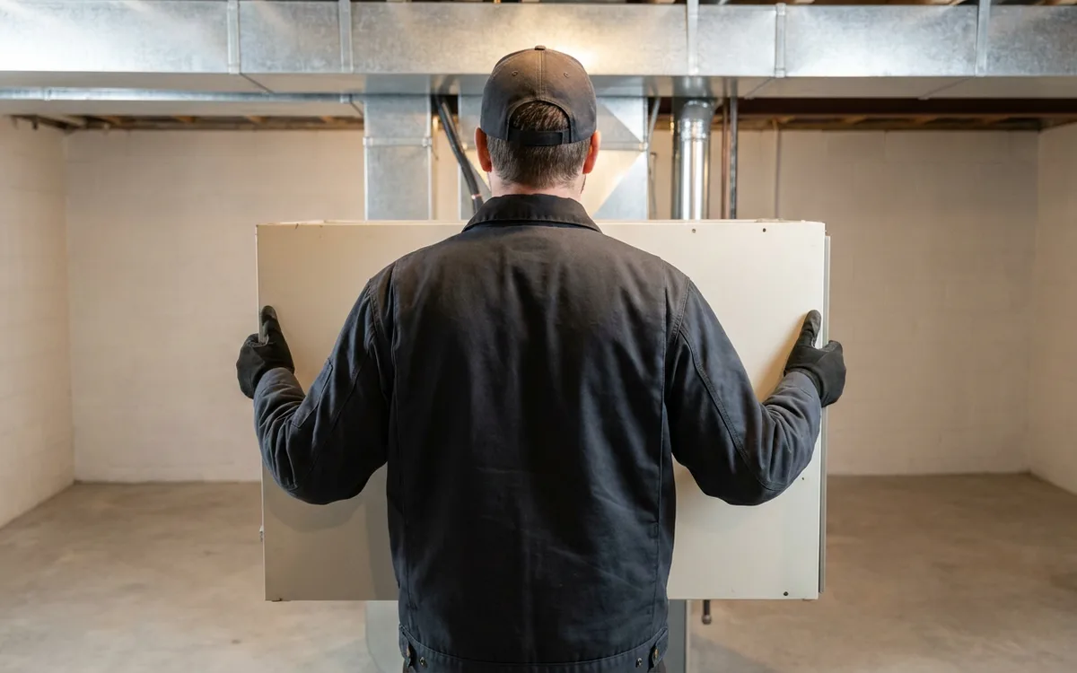 Plain furnace cabinet being carried into a basement from behind