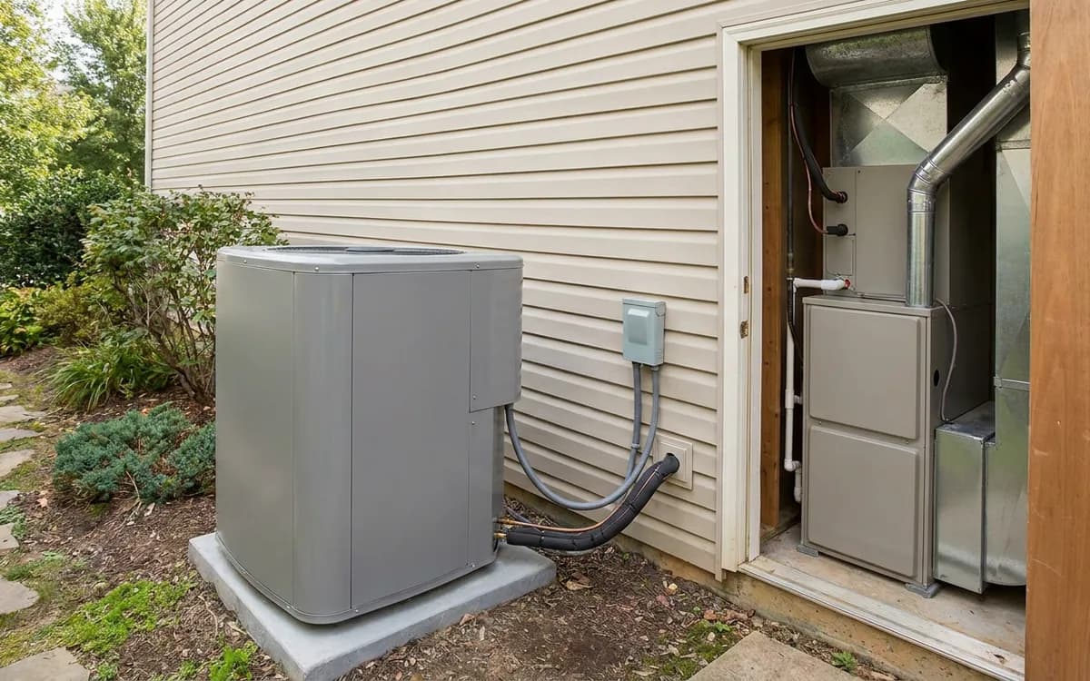 Residential outdoor heat pump beside a home in winter