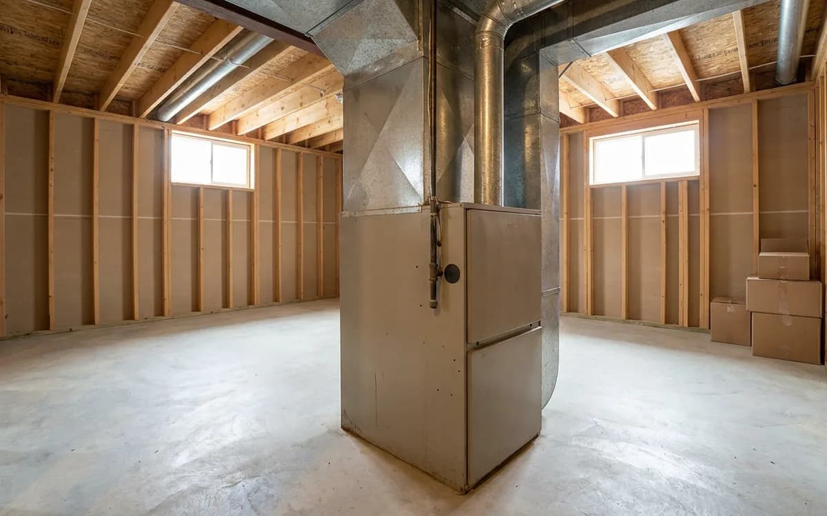 Older gas furnace cabinet in a clean basement