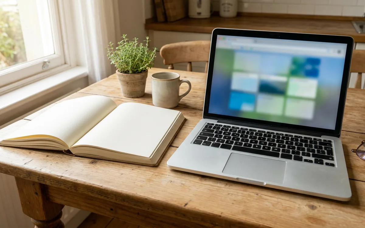 Blank notebook and an unreadable laptop screen on a kitchen table
