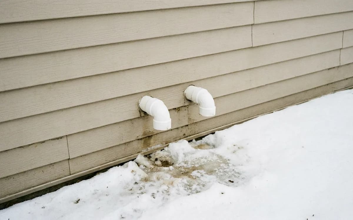 PVC vent termination pipes exiting the side wall of a suburban home
