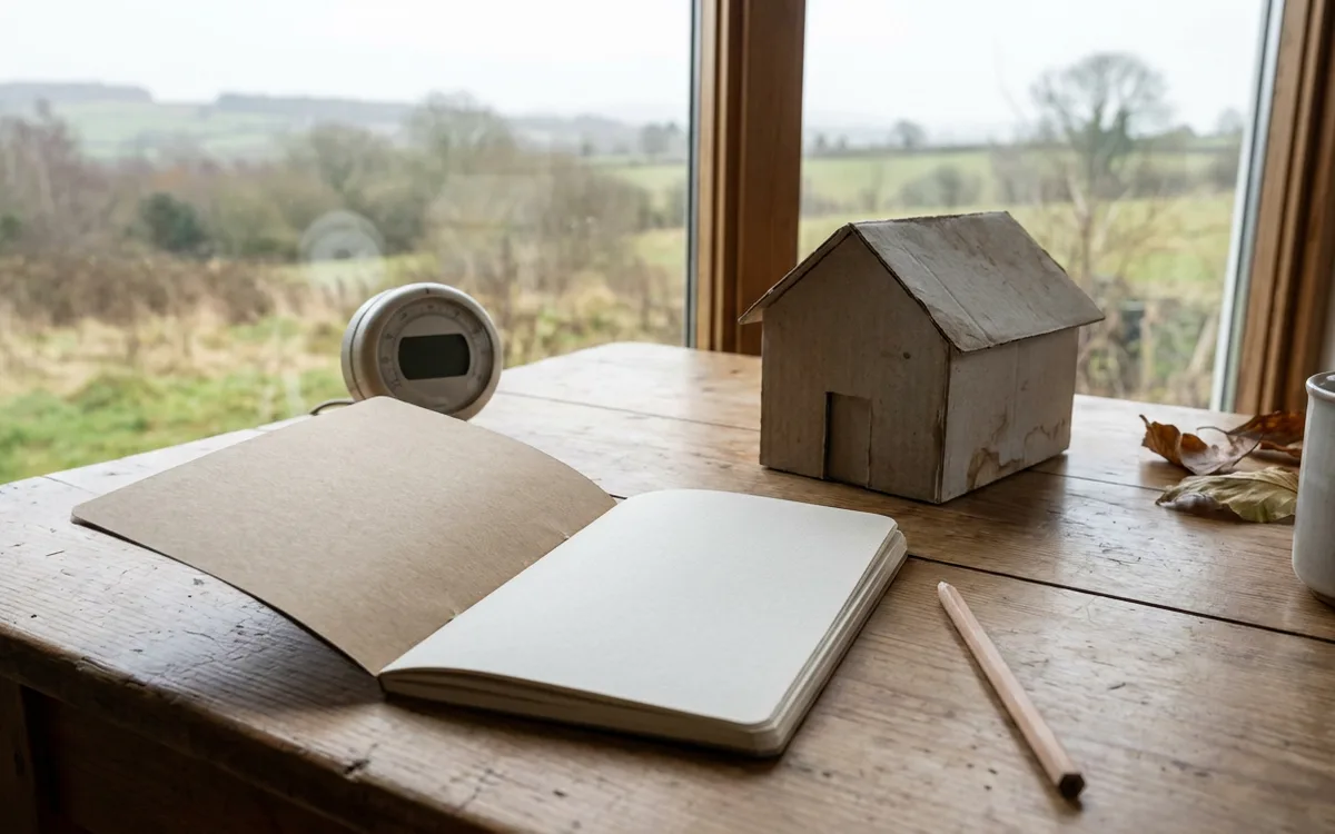Blank notebook and small home model for a repair-or-replace decision