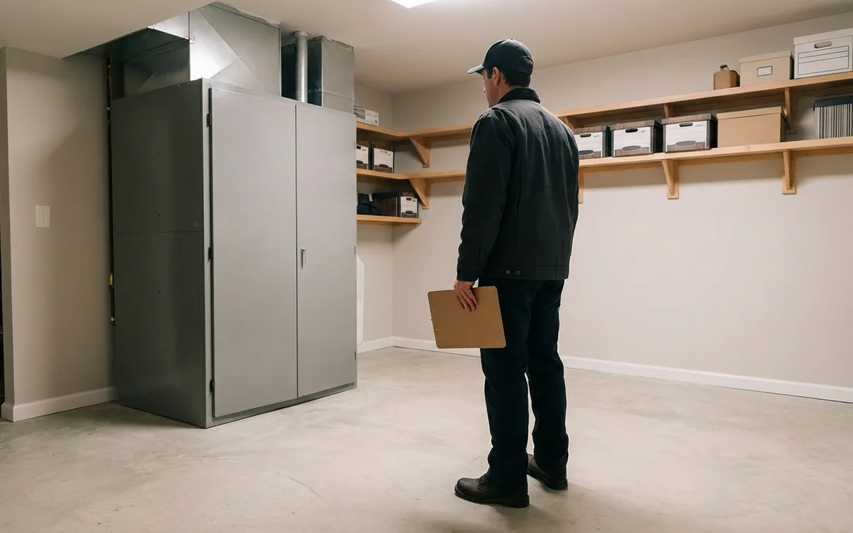Technician safely assessing a closed unbranded furnace cabinet in a basement