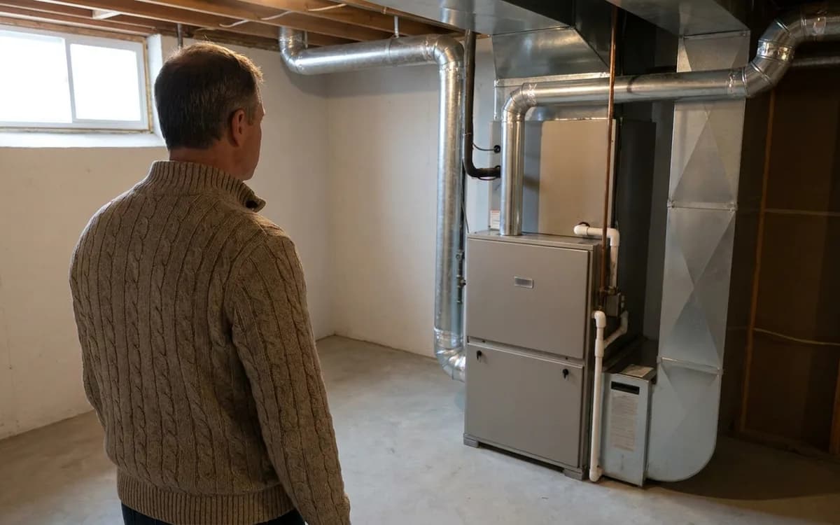 Homeowner viewing a modern unbranded furnace and ductwork in a basement utility room