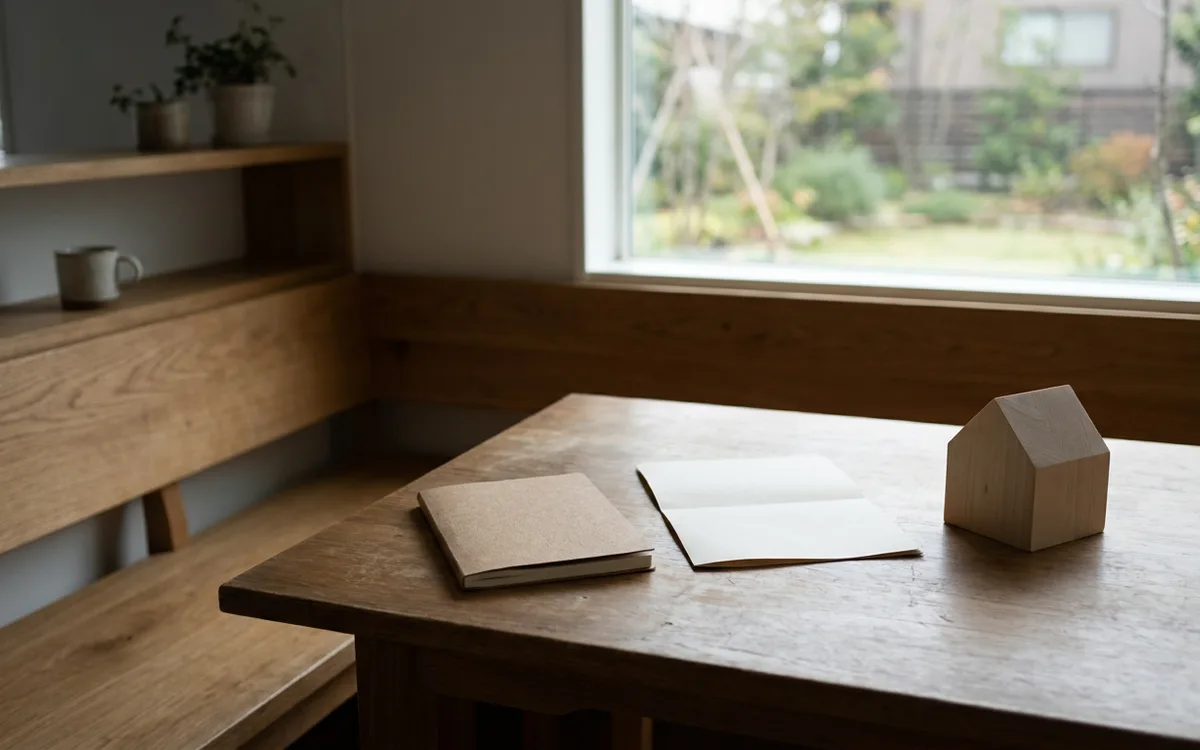 Blank guidance paper, notebook, and small house model on a table