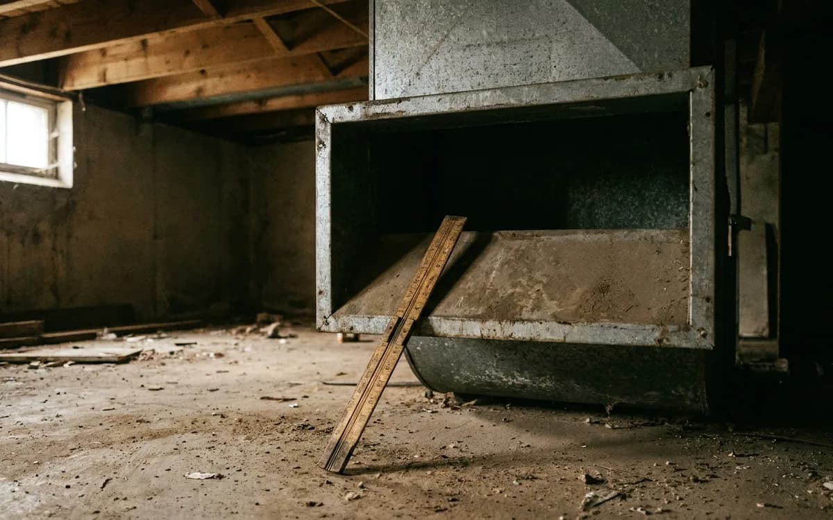 Folding ruler propped against a sheet metal return duct opening in a basement