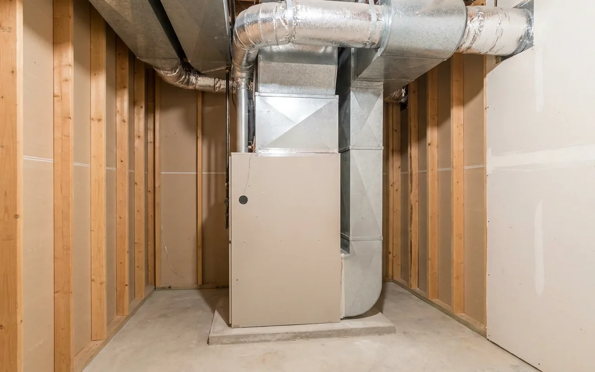 Highlands Ranch basement mechanical closet with a completed furnace installation