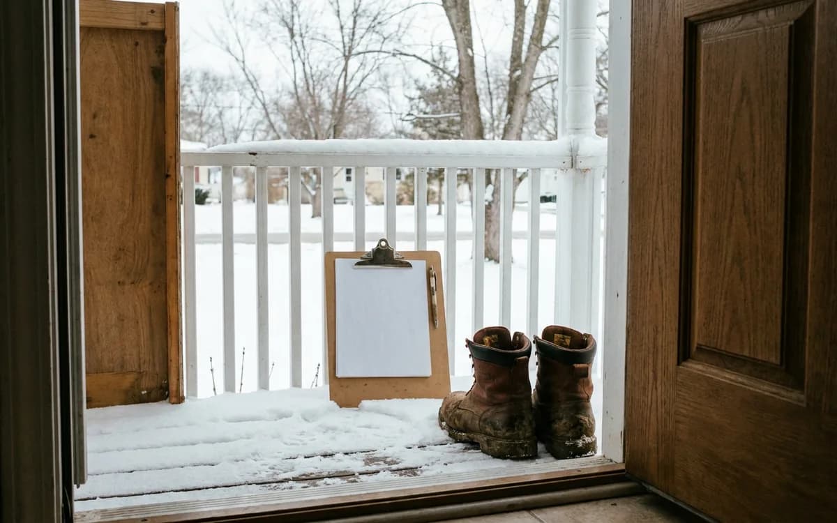 Clipboard and work boots on a snowy porch seen through an open front door