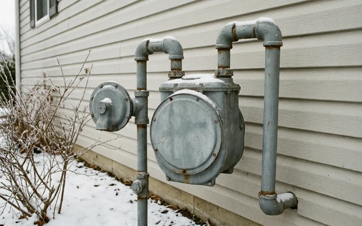Residential gas meter and service piping on a house exterior wall in winter