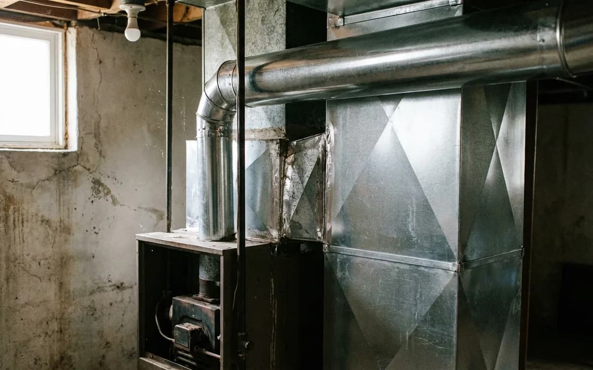Gas furnace connected to older round ductwork in a basement