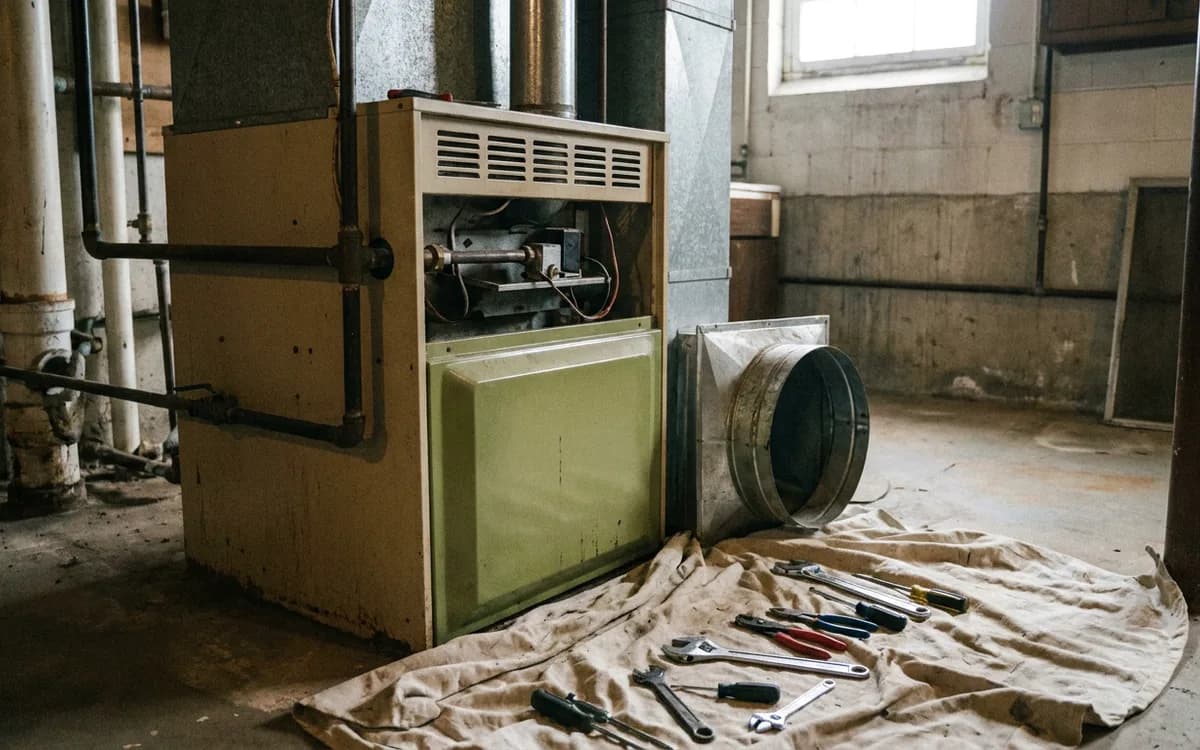 Older gas furnace with metal flue pipe in an unfinished basement