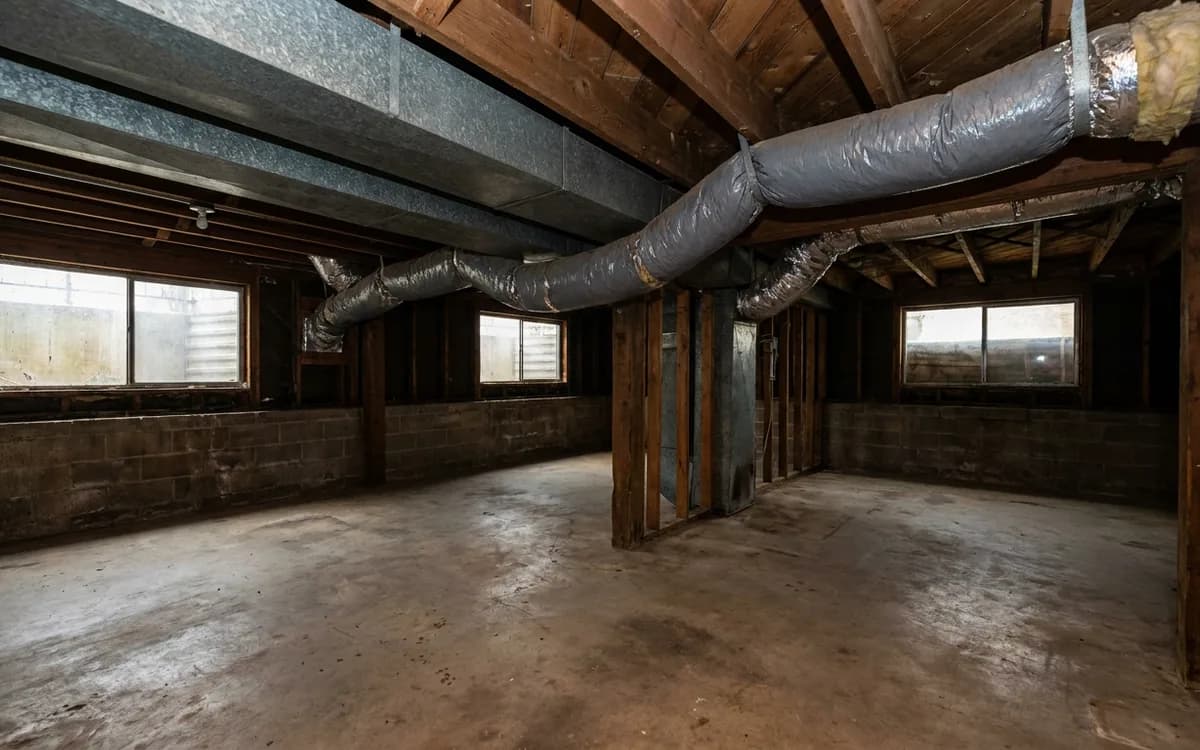 Older basement ductwork beneath an Arvada brick ranch
