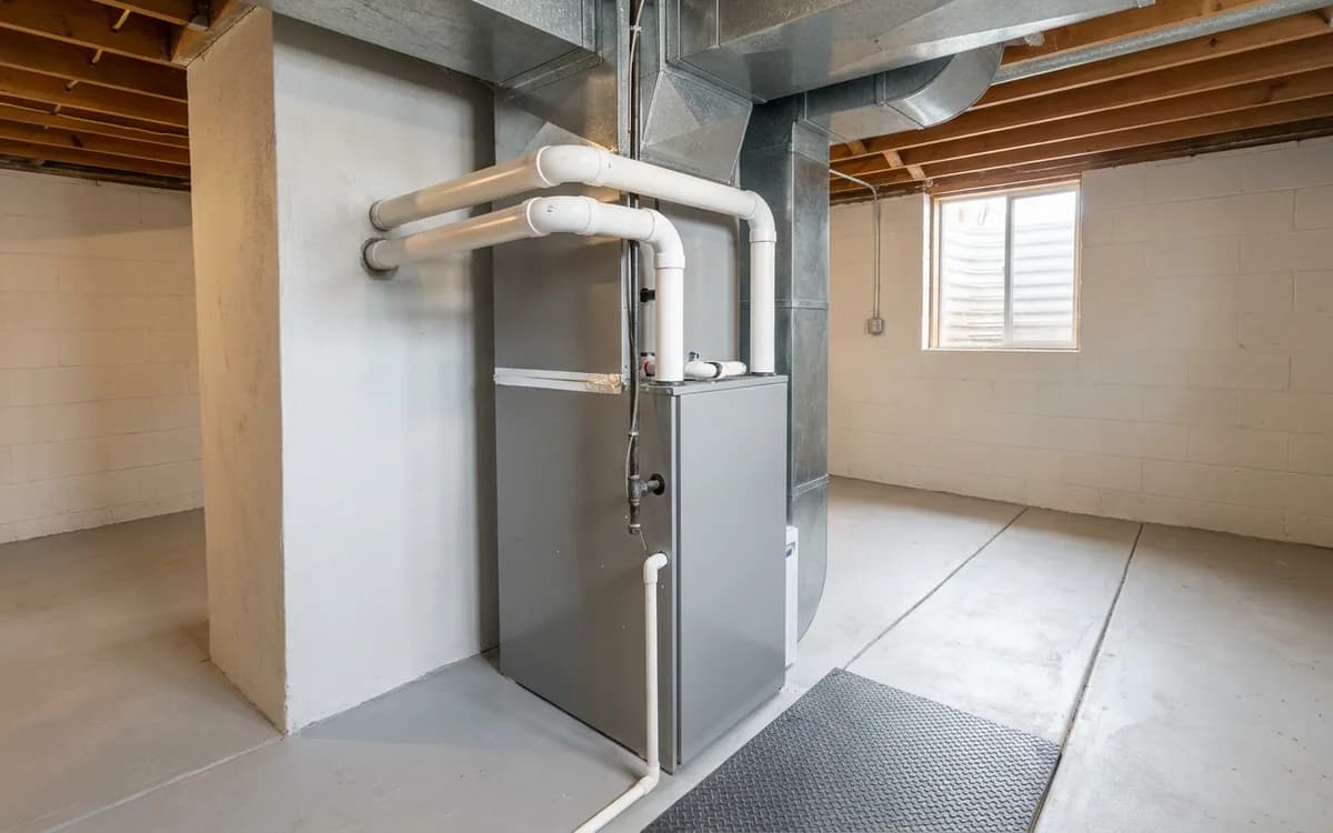Arvada older basement with a completed modern furnace installation