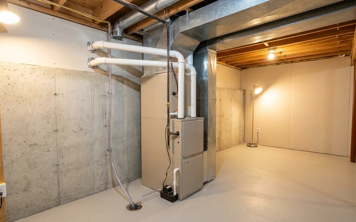 Aurora basement furnace installation with PVC intake and exhaust pipes