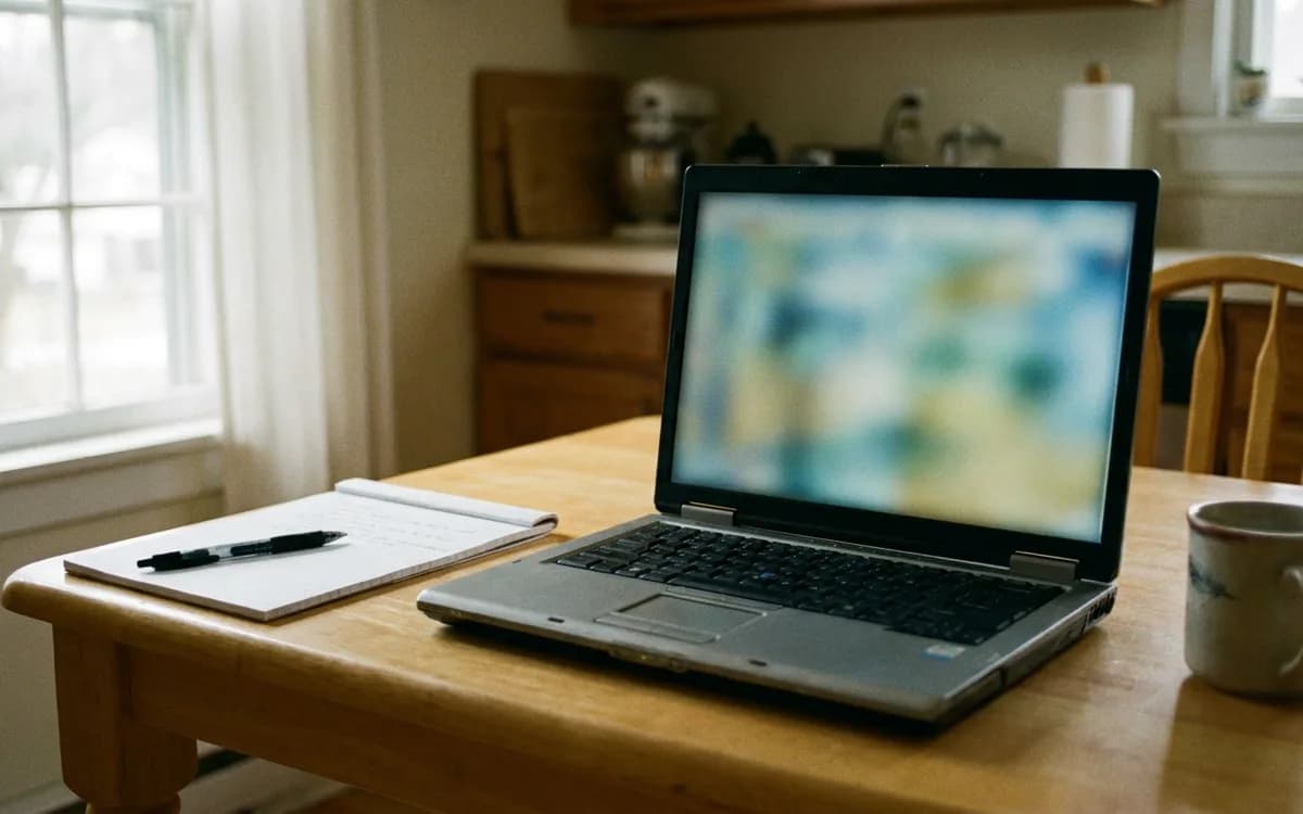 Laptop open on a kitchen table with an indistinct page on screen