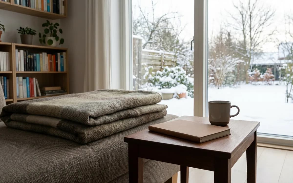 Blankets and a plain notebook in a winter living room