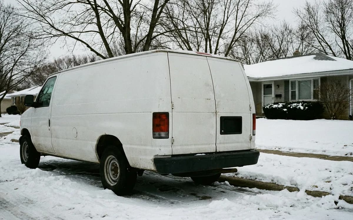 Technician carrying tools toward a home entrance in low winter light