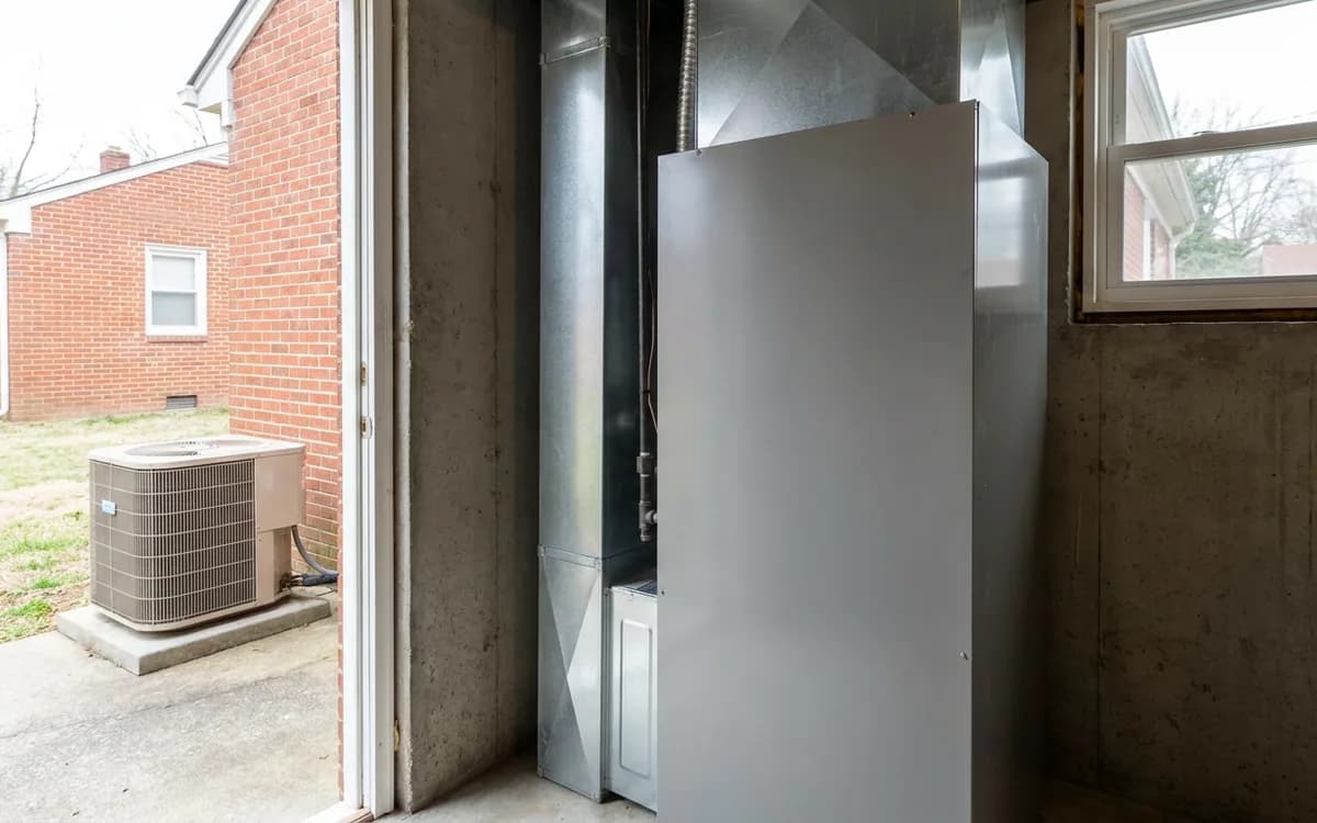 Plain enclosed indoor furnace and generic outdoor condenser beside a brick home