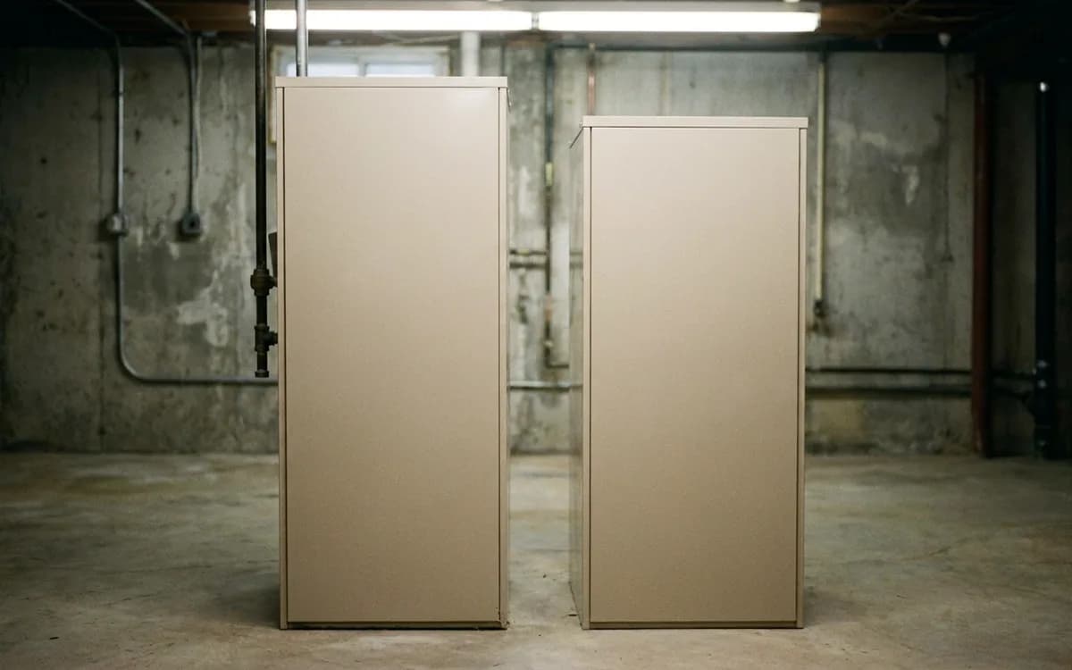 Two furnace access panels showing different efficiency equipment configurations