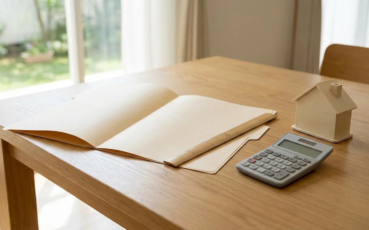 Blank folders, calculator, ruler, and a small house model on a table