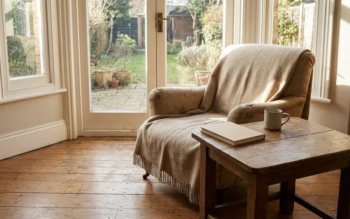 Quiet living room with a blank notebook, conveying a neutral decision not to replace