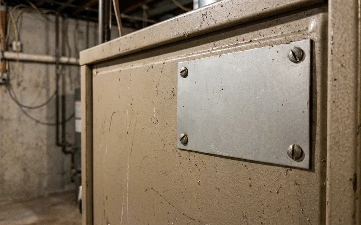 Manufacturer data plate on a gas furnace listing model and rating information