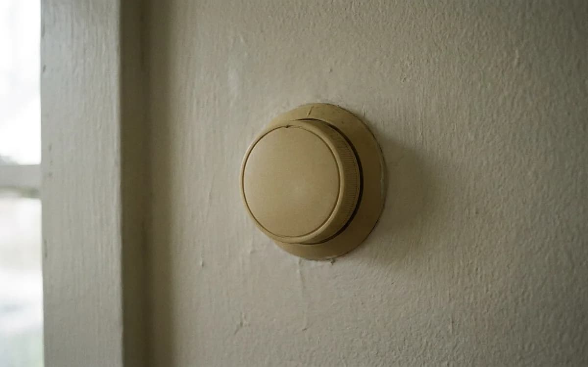 Round wall thermostat dial in a residential hallway