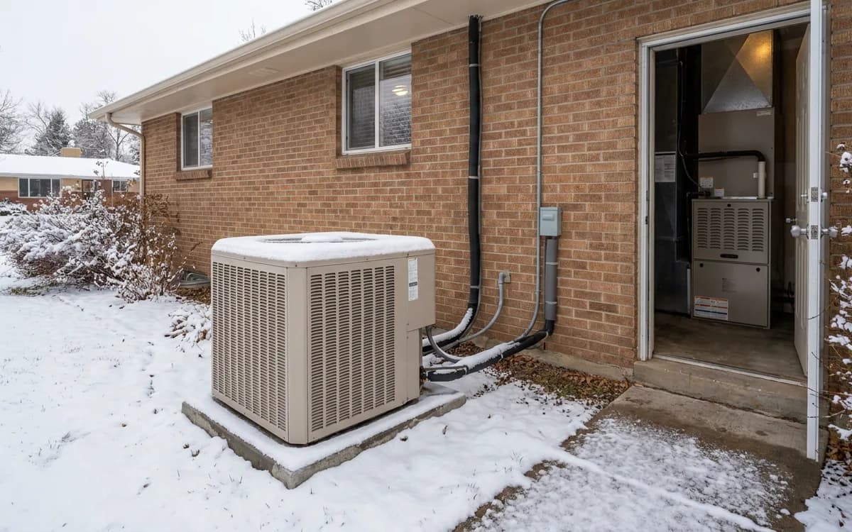 Outdoor HVAC unit and enclosed furnace in a snowy home utility context