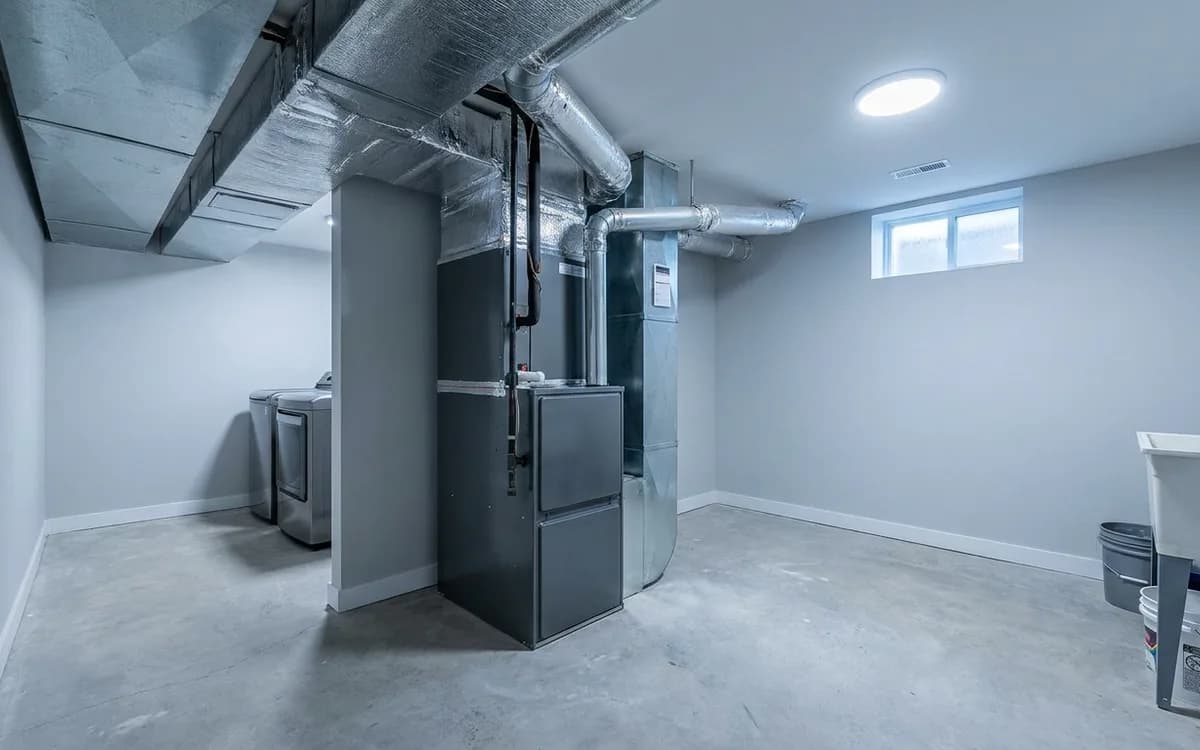 Closed furnace and ductwork in a clean basement utility room