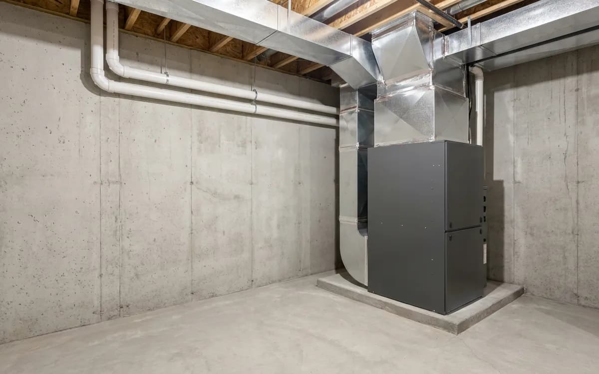 Enclosed modern furnace with white PVC venting and ductwork in a basement
