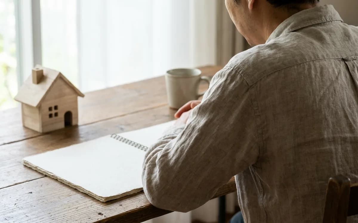 Homeowner viewing a blank paper summary beside a small house model