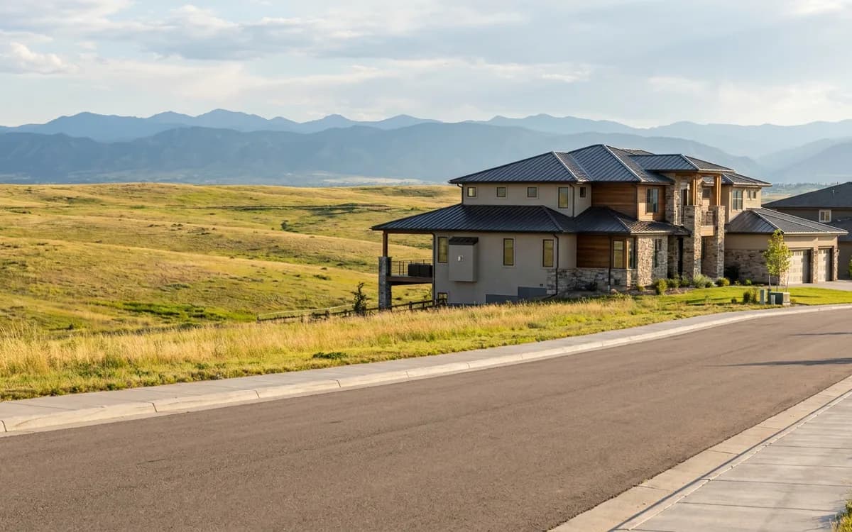 Parker home on an open high-plains residential street with foothills