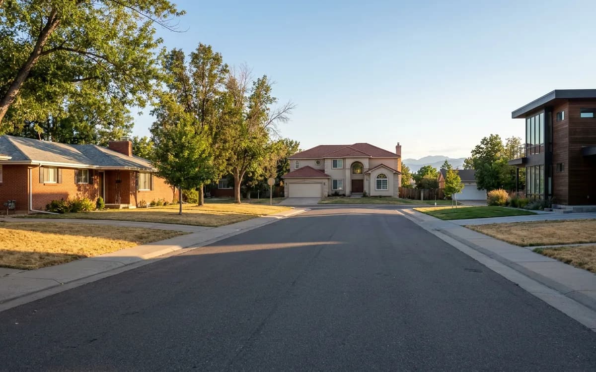 Denver metro street with homes from several building eras and distant foothills