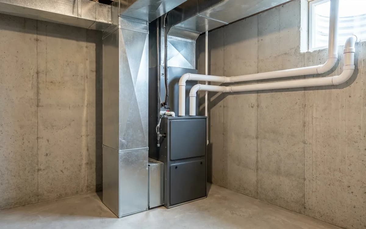 Thornton basement furnace with paired PVC intake and exhaust pipes
