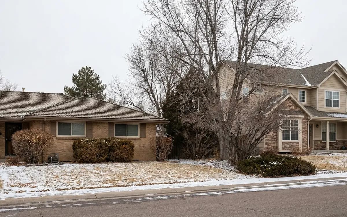 Thornton brick ranch and newer two-story home on a winter residential block