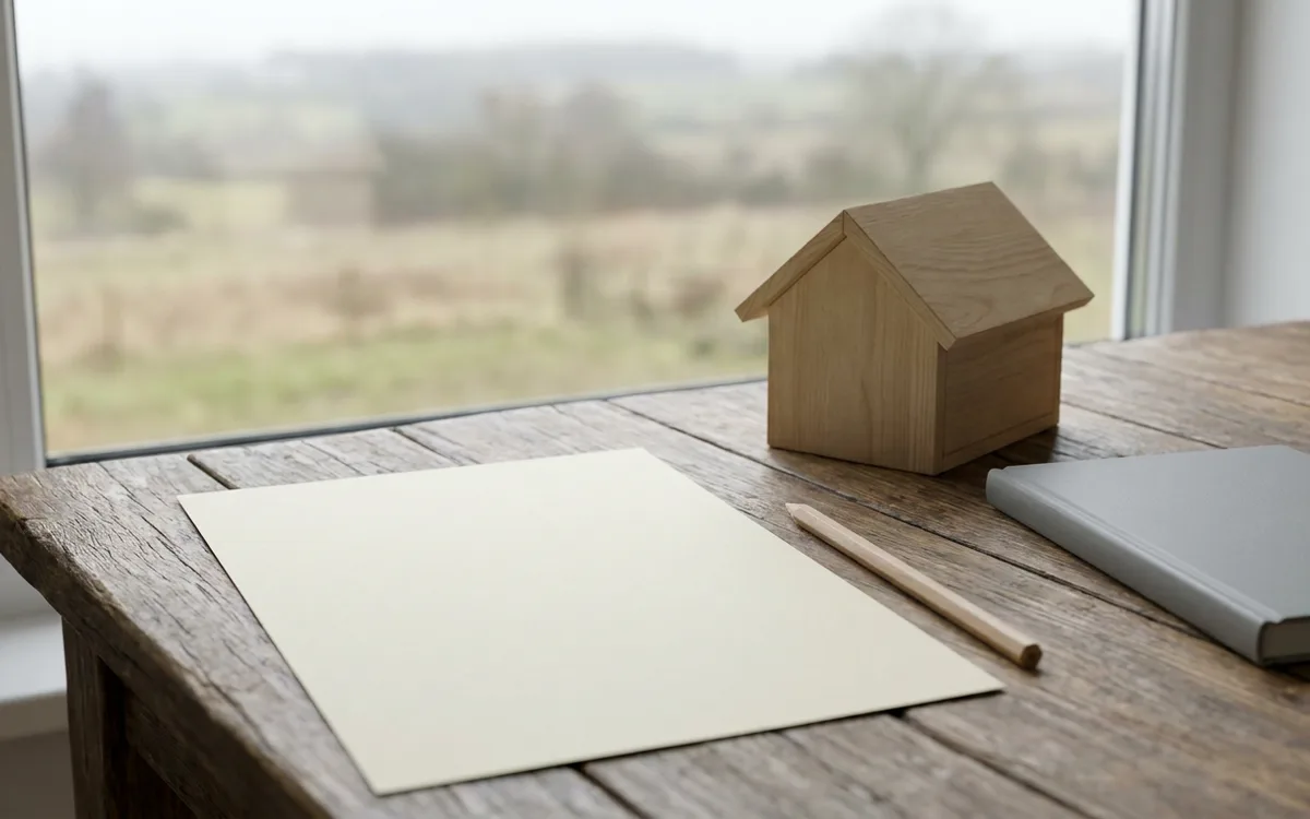 Blank budgeting paper and a small house model on a table