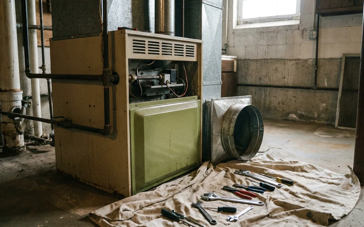 Older gas furnace with metal flue pipe in an unfinished basement