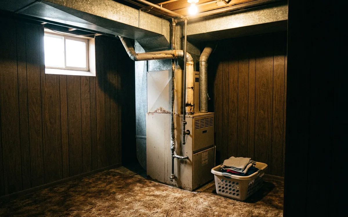 Gas furnace installed in a carpeted basement utility room of an 1980s home