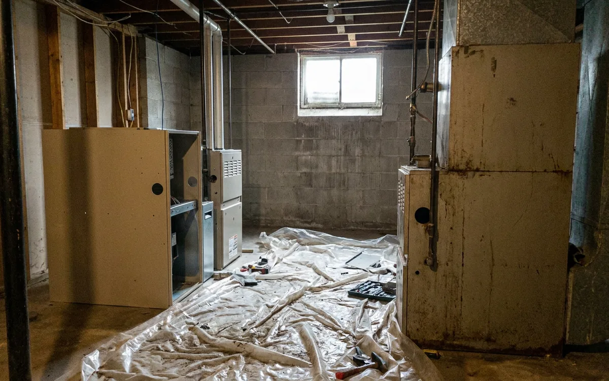 Mid-efficiency gas furnace in an unfinished basement of a 1980s home