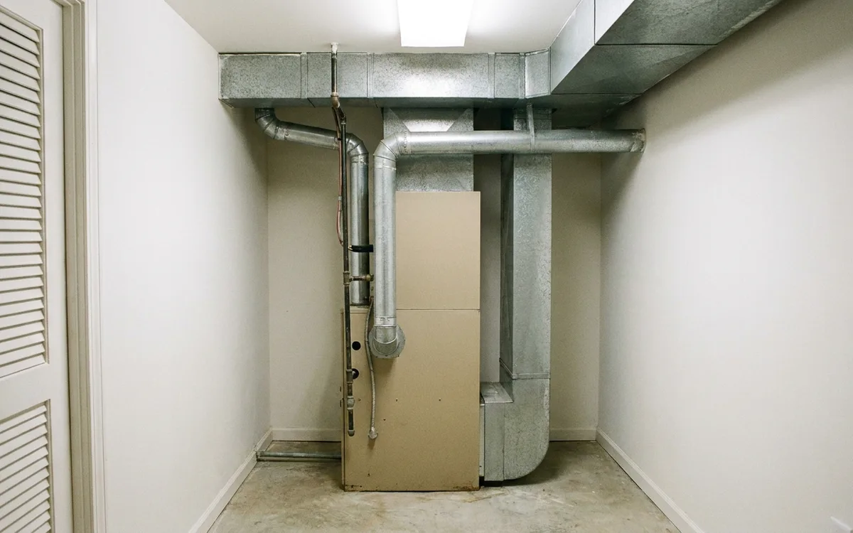 Gas furnace from the 1990s installed in a finished basement utility closet