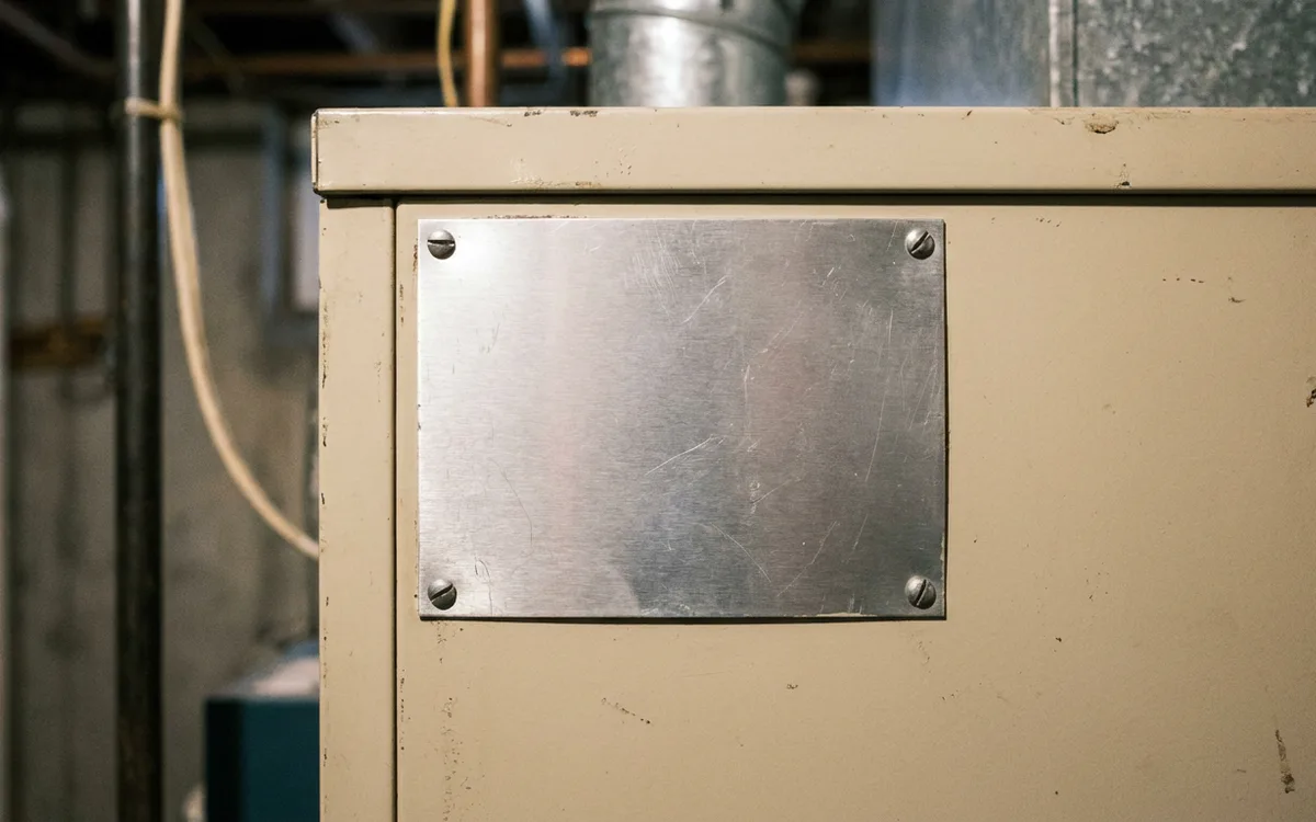 Efficiency rating plate on a gas furnace showing specification details