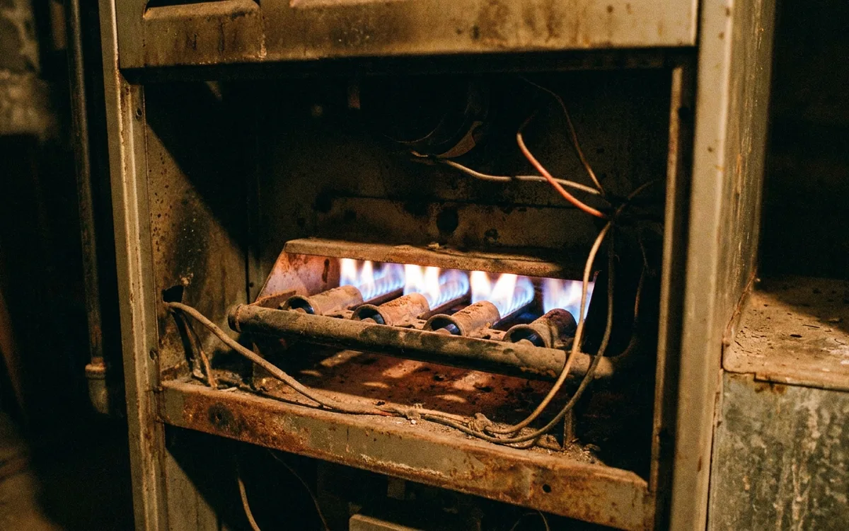Burner flames visible through the inspection port of an older gas furnace