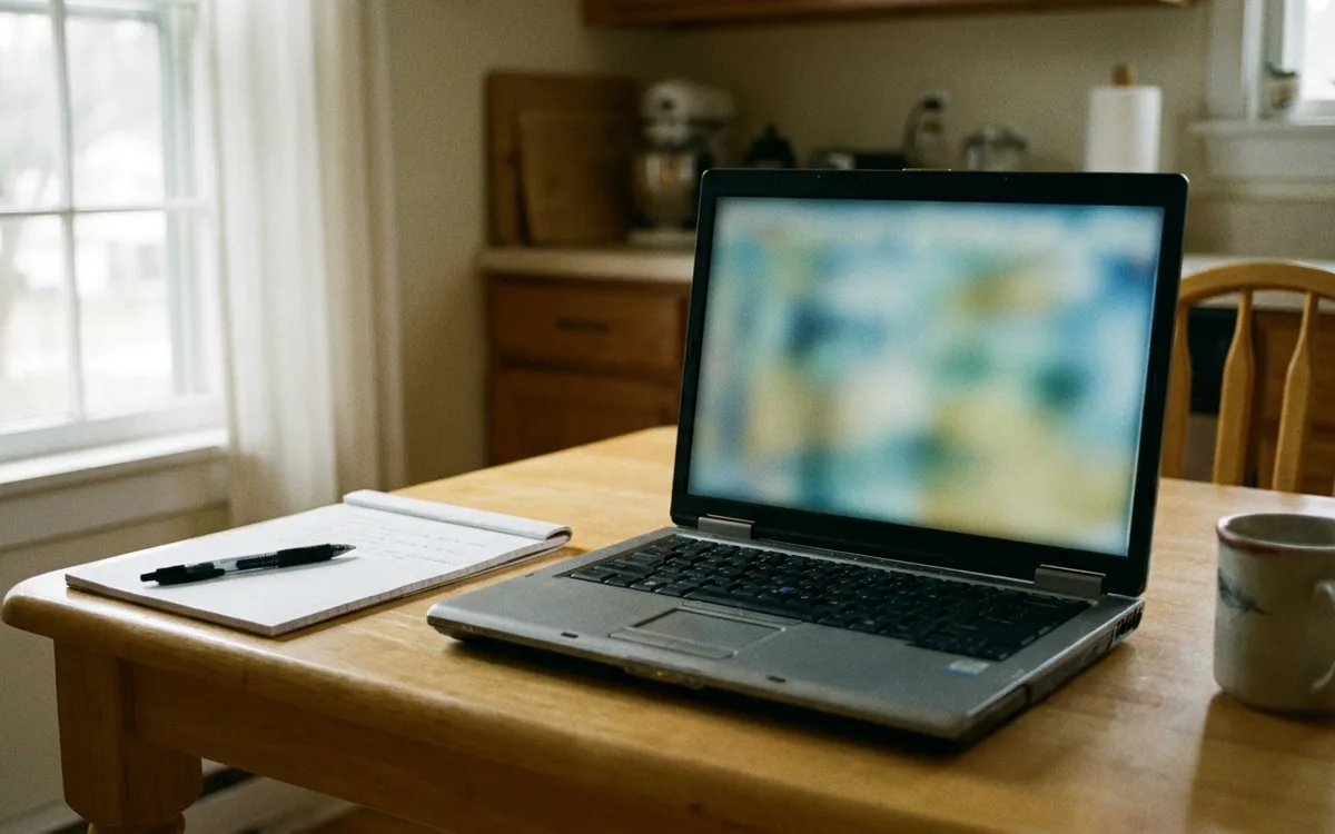 Laptop open on a kitchen table with an indistinct page on screen