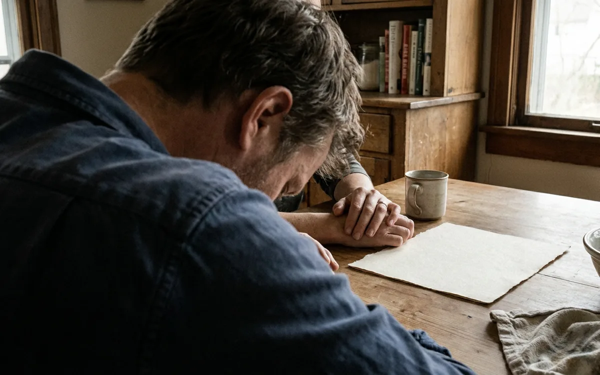 Two people at a kitchen table with a blank sheet of paper between them, seen from behind