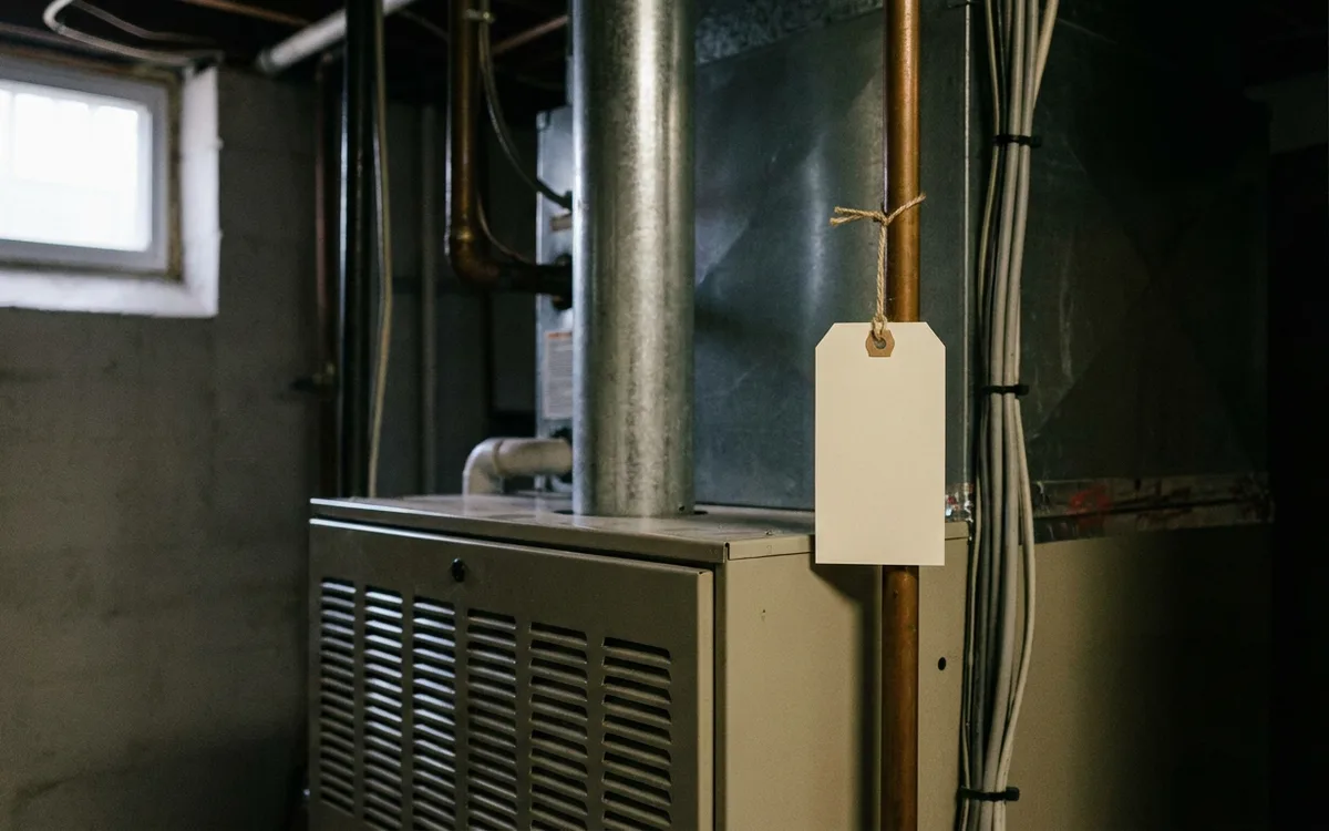 Mechanical permit card posted near a newly installed furnace awaiting inspection