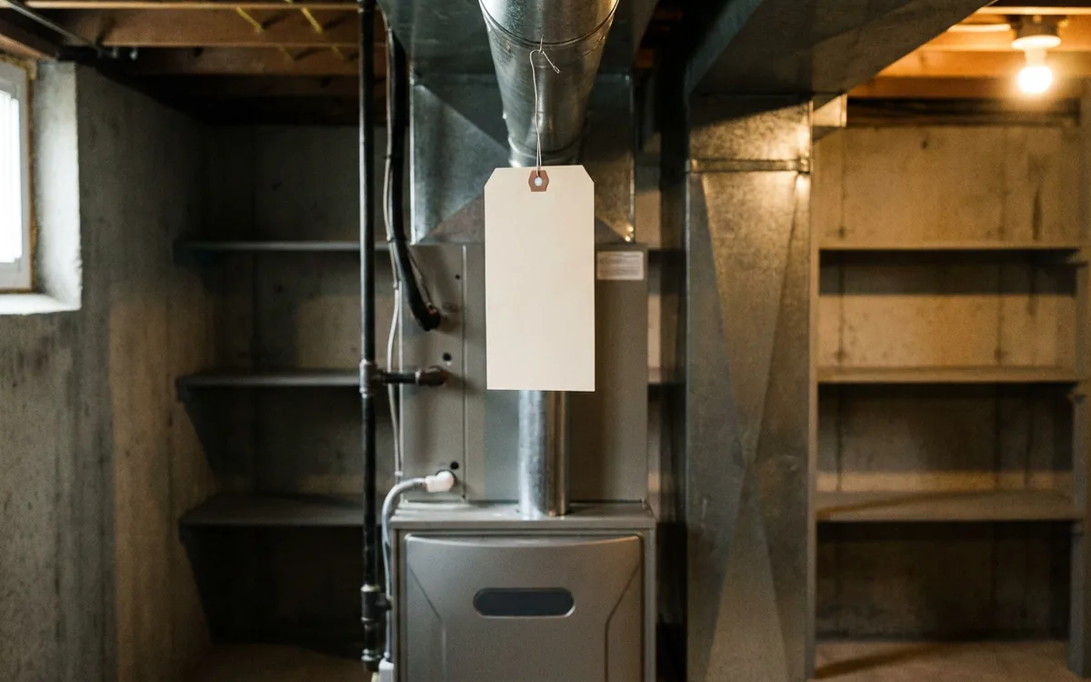 Blank inspection tag hanging from ductwork above a newly installed furnace