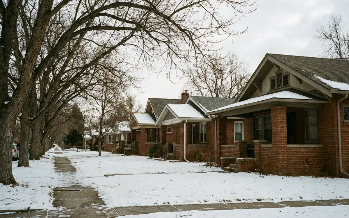 Brick bungalow on a tree-lined Denver street in winter