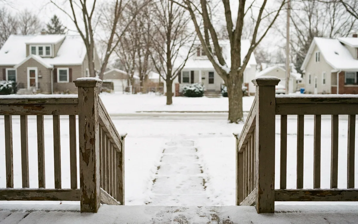 Frost on a residential window with a Denver neighborhood visible outside