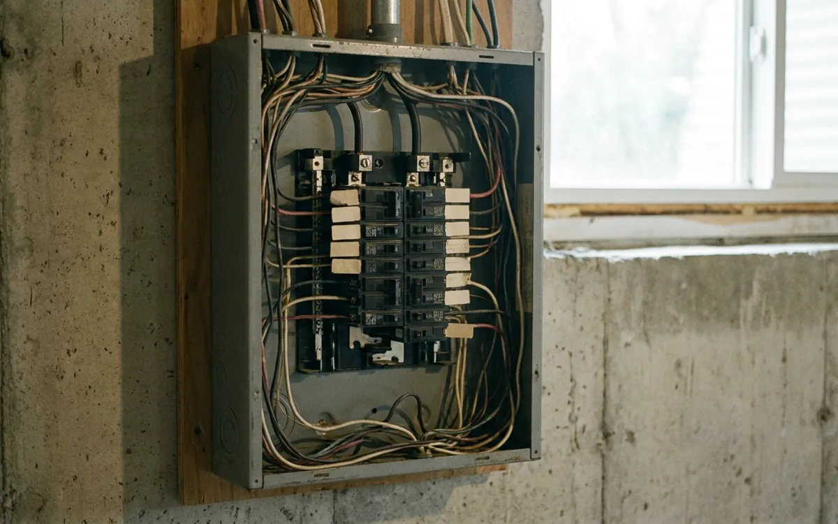Open residential electrical panel showing breaker capacity